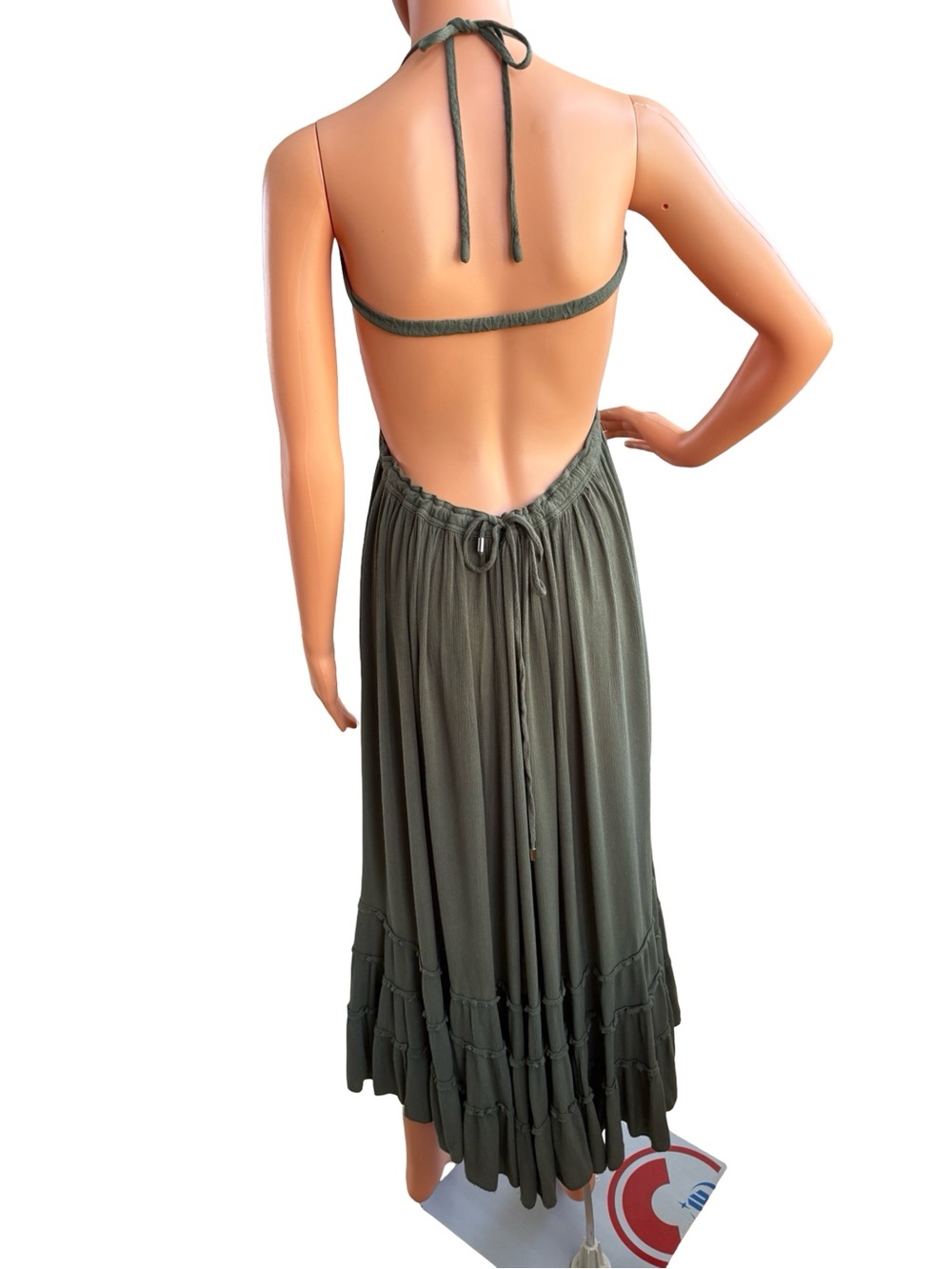 Smocked Halter Midi Dress in Olive Green